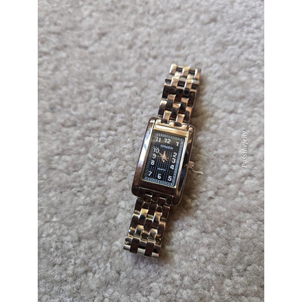 Gruen Watch Art Deco Tank Style Black Dial Quartz Bracelet Dress Watch vtg